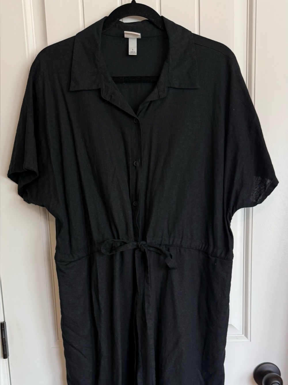 Women's Short Sleeve Button-Down Midi Dress L Tie Waist Linen Casual A New Day